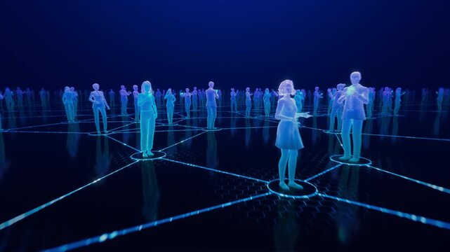 Loopable 3D Animation: Moving Through Crowd of Connected People in Dark Blue Digital Space. User Avatars in Virtual World of Social Media, Internet and Content. Futuristic Digital Society.