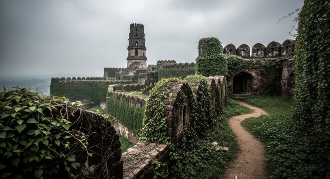 Ancient Fort Ruins Covered in Lush Greenery on a Cloudy Day