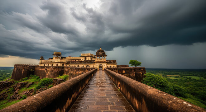 Ancient Fortified Castle Under Stormy Skies With Stone Bridge