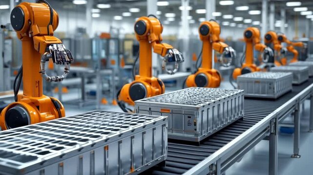Automated robotic arms assembly line manufacturing electric vehicle battery packs in a modern factory