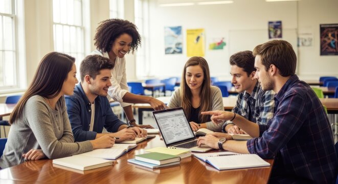 A group of six young adults are collaboratively working on a laptop at a wooden table in a classroom. Several students are seated 