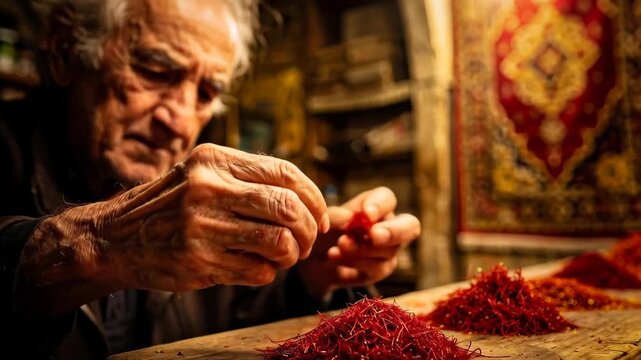 Elderly man carefully sorting saffron threads by hand in a traditional spice market shop