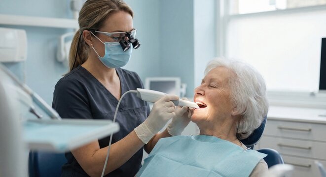 Female dentist using intraoral scanner on senior patient