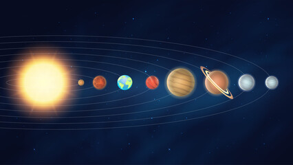 Solar System Planets Orbiting the Sun with Mercury Venus Earth Mars Jupiter Saturn Uranus Neptune Astronomy Space Background Vector Illustration © Jer