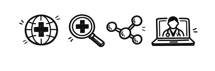 Obraz premium Medical and technology icons: global health, research, molecular structure, online doctor