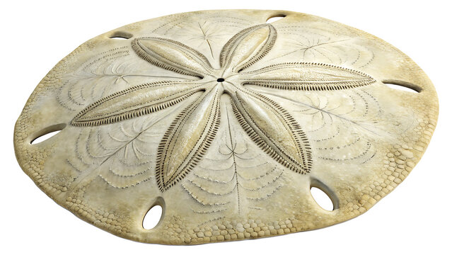 A detailed high angle view of a dried sand dollar specimen featuring a distinct petaloid pattern illustration