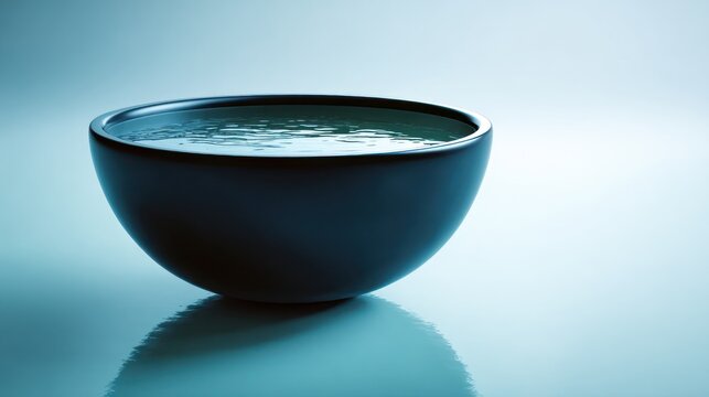 Minimalist dark bowl with white liquid on a reflective cool blue surface. Abstract, clean, serene, and calm design.