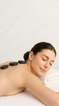 
spa stone therapy advertising white background with copy space. Beautiful young woman getting hot stone massage in spa salon. stone therapy