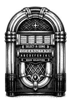 Detailed vintage jukebox illustration, black and white etching. Features 'Select-A-Song,' 'Make Selection,' and input buttons (1-0, A-L). Evokes retro, mid-century music, nostalgia, Americana, and cla