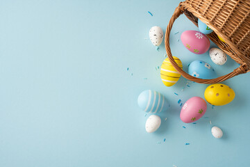 Naklejka premium Colorful decorated eggs spill from a wicker basket onto a soft pastel blue surface conveying festive spring joy and celebration for Happy Easter