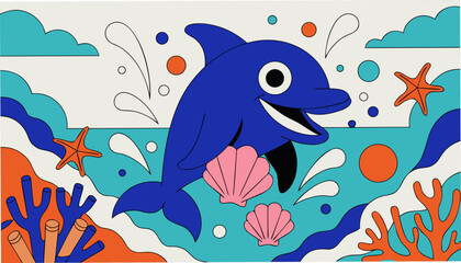 Obraz premium A Friendly Blue Dolphin Character with a Big Smile Splashing in the Ocean