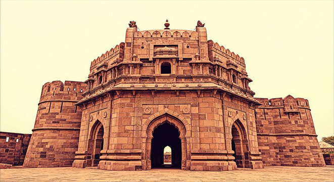 Ancient Stone Fort Entrance With Ornate Archways and Historical Architecture