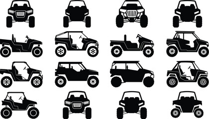 Collection of UTV and Side by Side Vehicle Silhouettes Set Off Road Utility Icons Isolated on White Background for Adventure Graphics