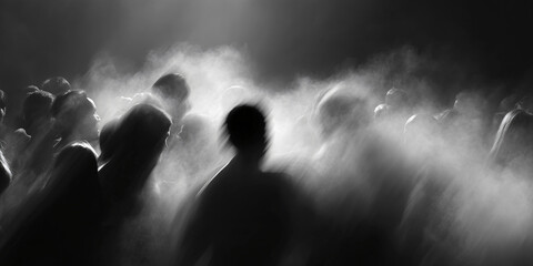 Fototapeta premium An abstract, mysterious, and blurry image of a crowd of people in dark. The individuals seem to be moving through smoke or fog, adding an air of intrigue