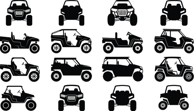 Collection of UTV and Side by Side Vehicle Silhouettes Set Off Road Utility Icons Isolated on White Background for Adventure Graphics