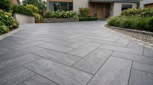 Medium shot of sintered stone slabs arranged in a driveway pattern showcasing their robust composition and smooth finish under natural light.