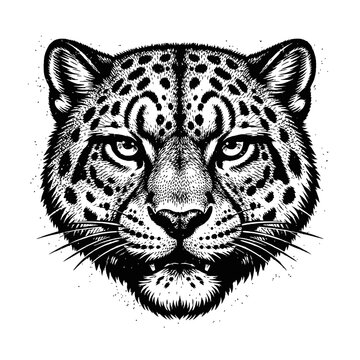 Black and white leopard head illustration with detailed stipple engraving, capturing a majestic and fierce gaze. A powerful artistic depiction of a wild apex predator, perfect for unique designs, appa