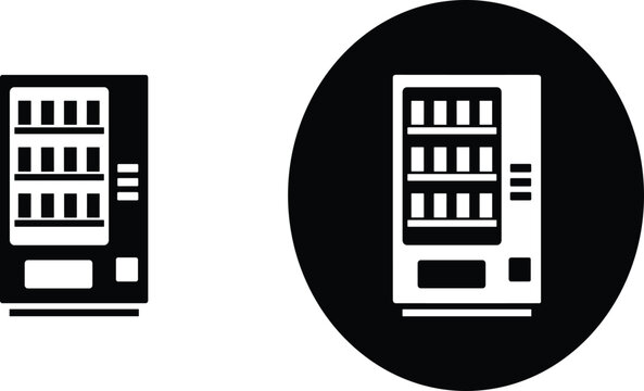 Vending machine icon in solid and circular badge style, automated snack dispenser vector illustration isolated for retail kiosk interface and modern self service concept
