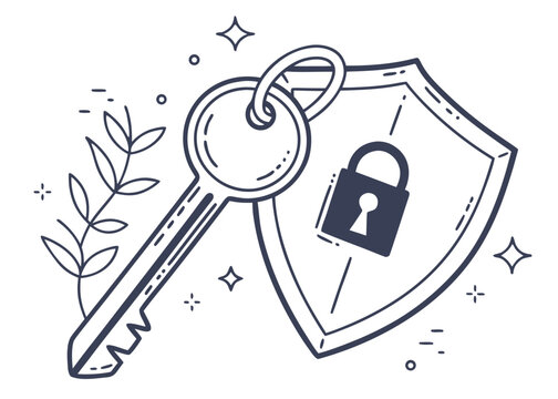 Vector graphic of a key, shield, and padlock, symbolizing robust security, access control, and data protection, isolated on white.