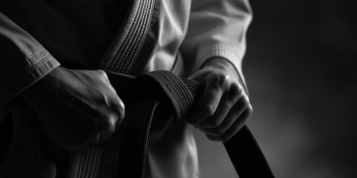 A karateka, focusing on tying the belt around the waist, embodies the martial art's precision and discipline