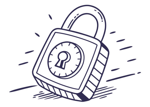 Hand-drawn vector illustration of a sturdy padlock with a visible keyhole, symbolizing security, protection, privacy, and restricted access, isolated on a clean white background.