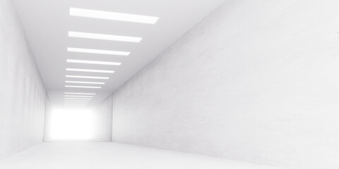 Obraz premium Spacious minimalist white corridor with rectangular ceiling lights, clean architectural interior design for modern business or medical background.