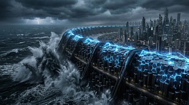 Massive geo-engineered sea wall protecting a coastal mega-city constructed from black hexagonal basalt columns and glowing energy shields.