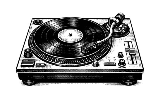 Vintage Turntable with Vinyl Record Engraving Art: Classic Retro Music Player Deck Illustration, Perfect for DJ Culture, Hifi Audio Enthusiasts, and Old-School Grooves, Iconic Analog Sound System Artw