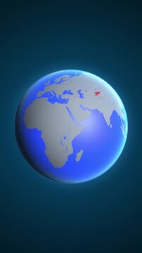The animation shows a graphic representation of the earth and highlights the location and map of Kyrgyzstan colored red in vertical format.