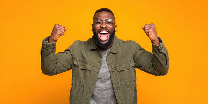 Emotional man celebrating success against studio background
