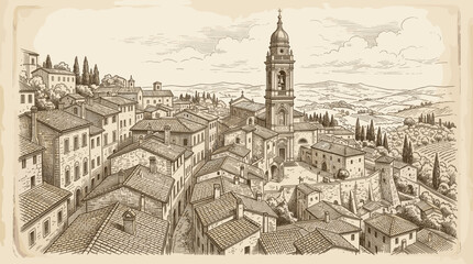 Obraz premium Hand-drawn sketch of a picturesque Italian village with a prominent church tower, cobblestone streets, and rolling hills in the background, evoking a sense of timeless charm.