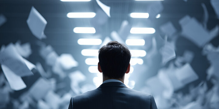 A man with his back to the viewer stands in a room with floating papers 