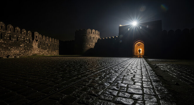 Enchanting Medieval Fortress at Night With Cobblestone Pathway and Illuminated Castle Gate