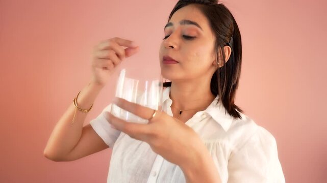 Close up of young woman hold vitamin pill and glass, taking medicine drinking water, isolated over light pink studio background.