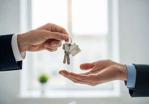 Real estate agent delivering keys house, Hands pass a house key as a symbol of real estate and house buying.