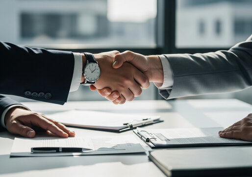 Close-up of a business handshake over a desk with a clipboard and paperwork, representing the finalization of a contract in a formal meeting.