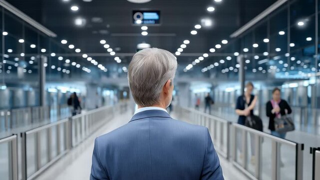 Businessman passing through automated security gate with biometric scanning system in modern airport or office environment