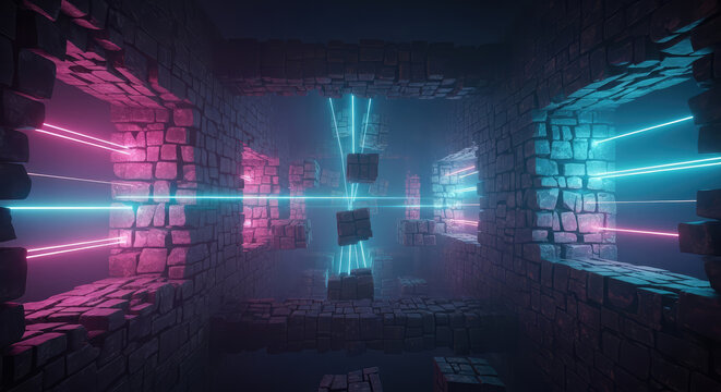 Futuristic Stone Ruins Illuminated by Neon Lights Abstract Digital Art