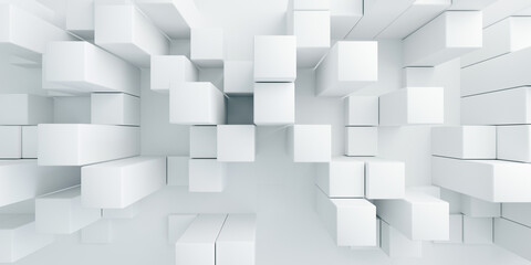 Minimalist 3D white blocks pattern with different levels of height. Clean shadows and bright lighting for a professional and futuristic background. © PW.Stocker