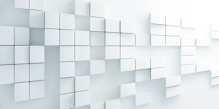 High angle view of white 3D cubes wall with random extrusion depth. Clean architectural background for minimal style design and professional projects.