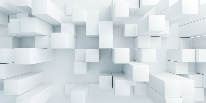 Top view of various height 3D white columns and cubes. Abstract city model or bar chart concept for business data and architectural design.