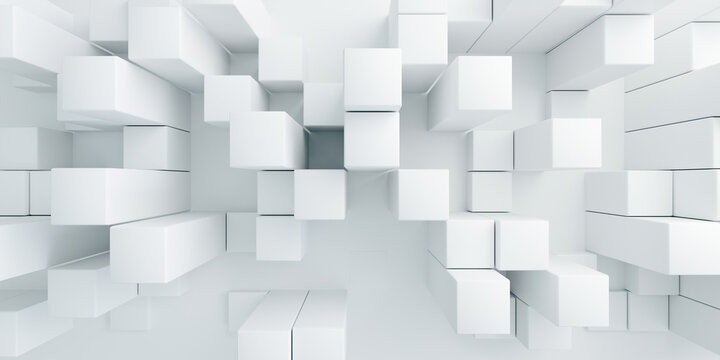 Minimalist 3D white blocks pattern with different levels of height. Clean shadows and bright lighting for a professional and futuristic background.