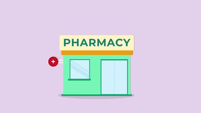 Modern pharmacy building with glass doors. Healthcare concept