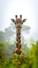 Obraz premium Tall giraffe in its natural habitat, amidst misty greenery and trees