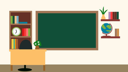 Classroom interior with desk bookshelves and empty green chalkboard © ABRAR