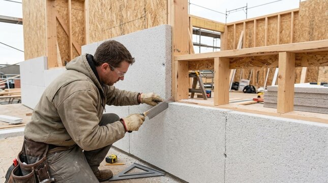 Medium shot showcasing wall sheathing installation with expanded perlite boards focusing on the precise cutting and fitting of lightweight mineral boards for enhanced thermal