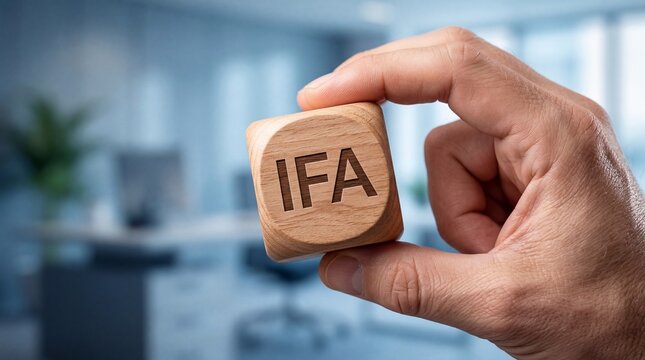 Hand holding a wooden cube with the letters IFA engraved on it, representing financial advice.