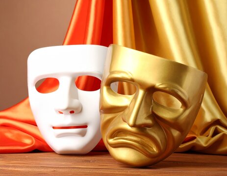 Comedy and tragedy theater masks on wooden table with colorful cloth
