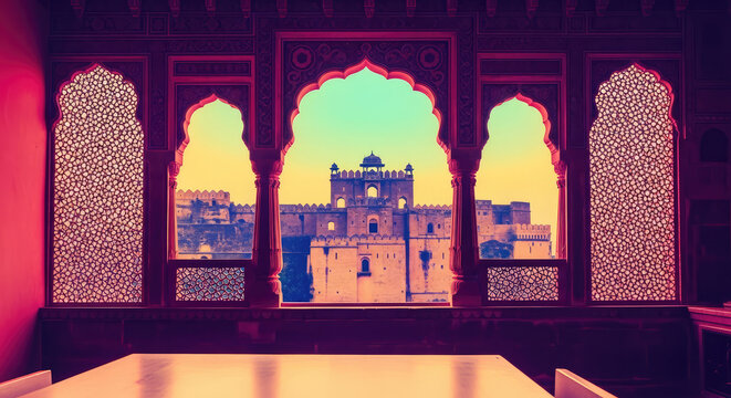 Historic Indian Fort View Through Ornate Window Frame at Sunset