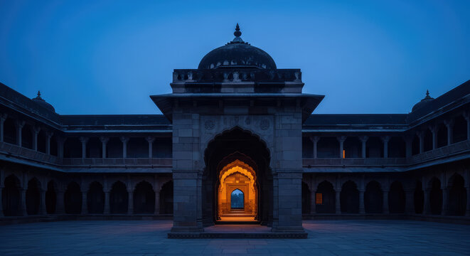 Illuminated Archway at Dusk in Historic Courtyard With Ornate Structure